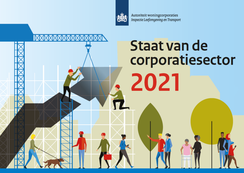Omslag van de publicatie 'Staat van de corporatiesector 2021'. Grafische vormgeving van bewoners en huizenbouwers bij bouwkraan.