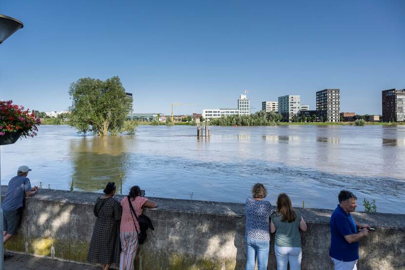 Het is hoogwater in de rivier. Een boomtop steekt boven het wateroppervlak uit. Aan de kade staan mensen te kijken naar het hoge water.