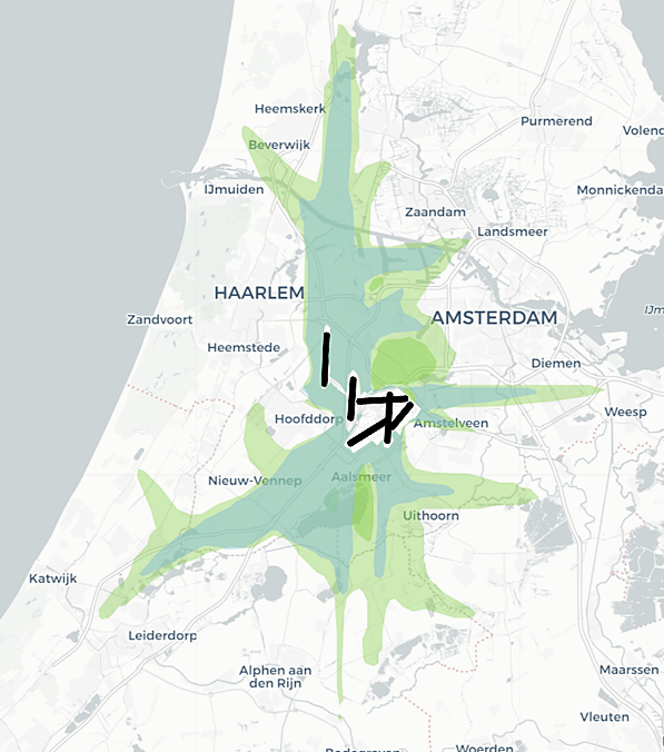 Kaart van gebied rond Schiphol met kleurvlakken en lijnen
